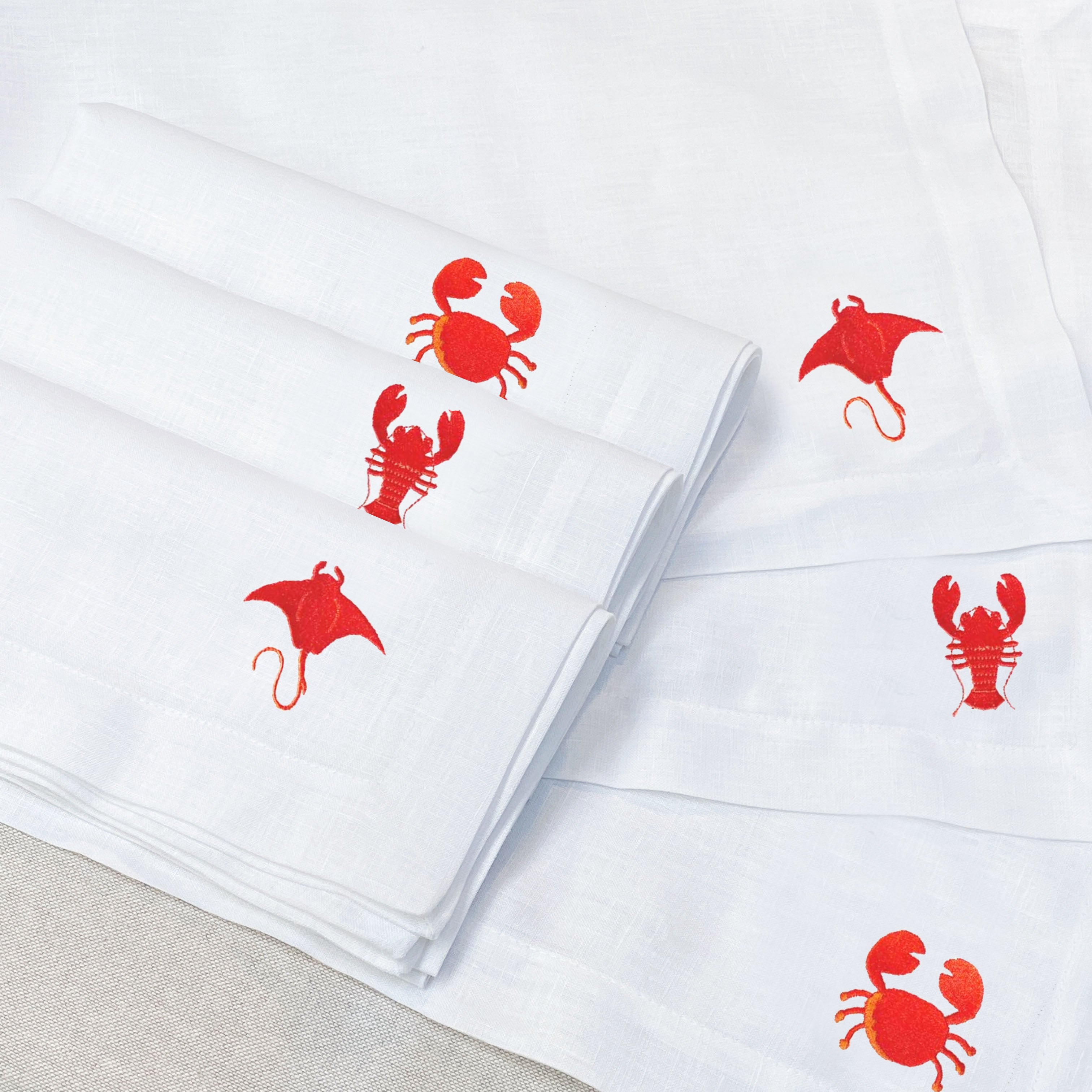 individual y servilleta de lino bordado mariscos - Barioles Casa