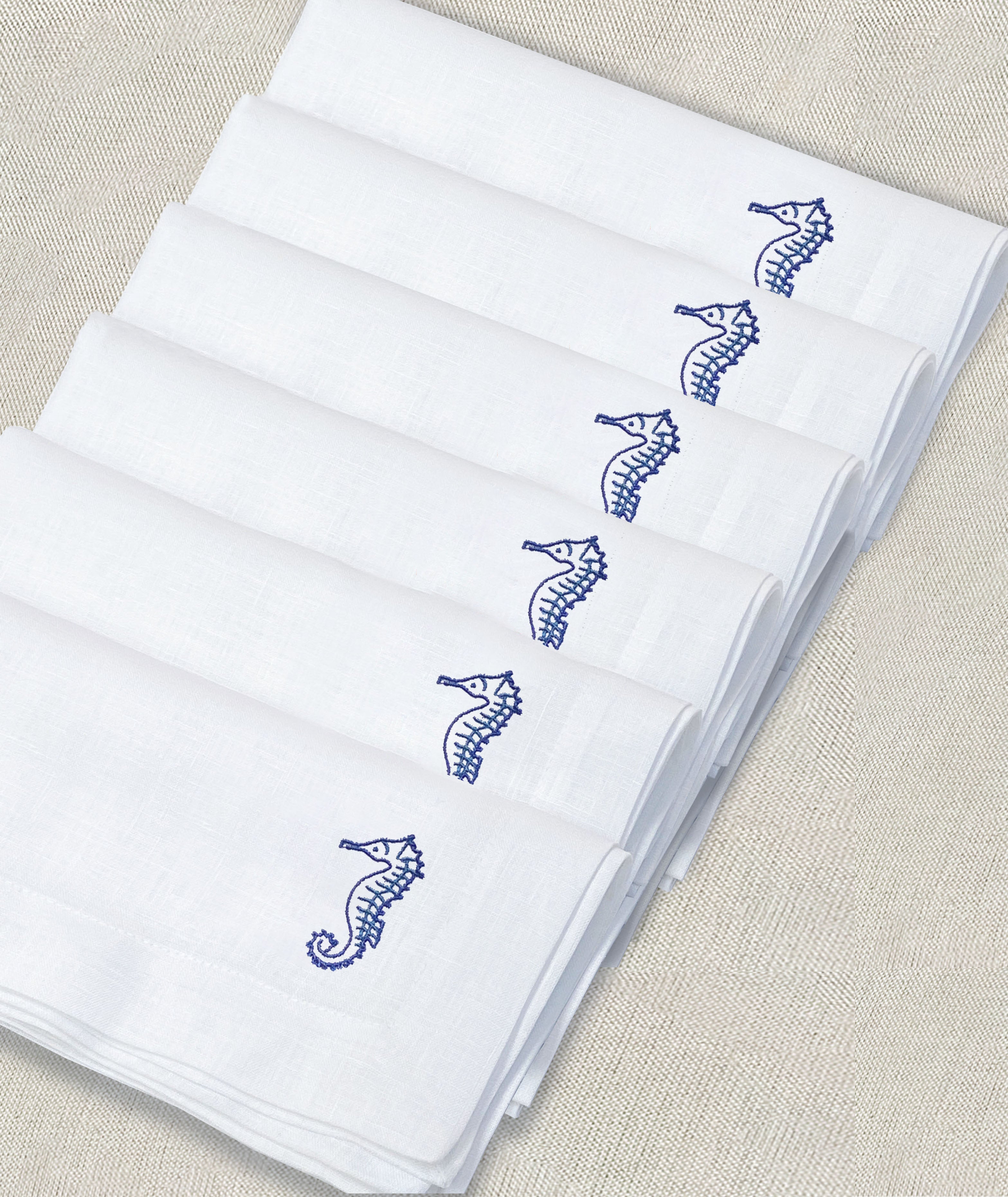servilleta de lino bordado caballito de mar - Barioles Casa