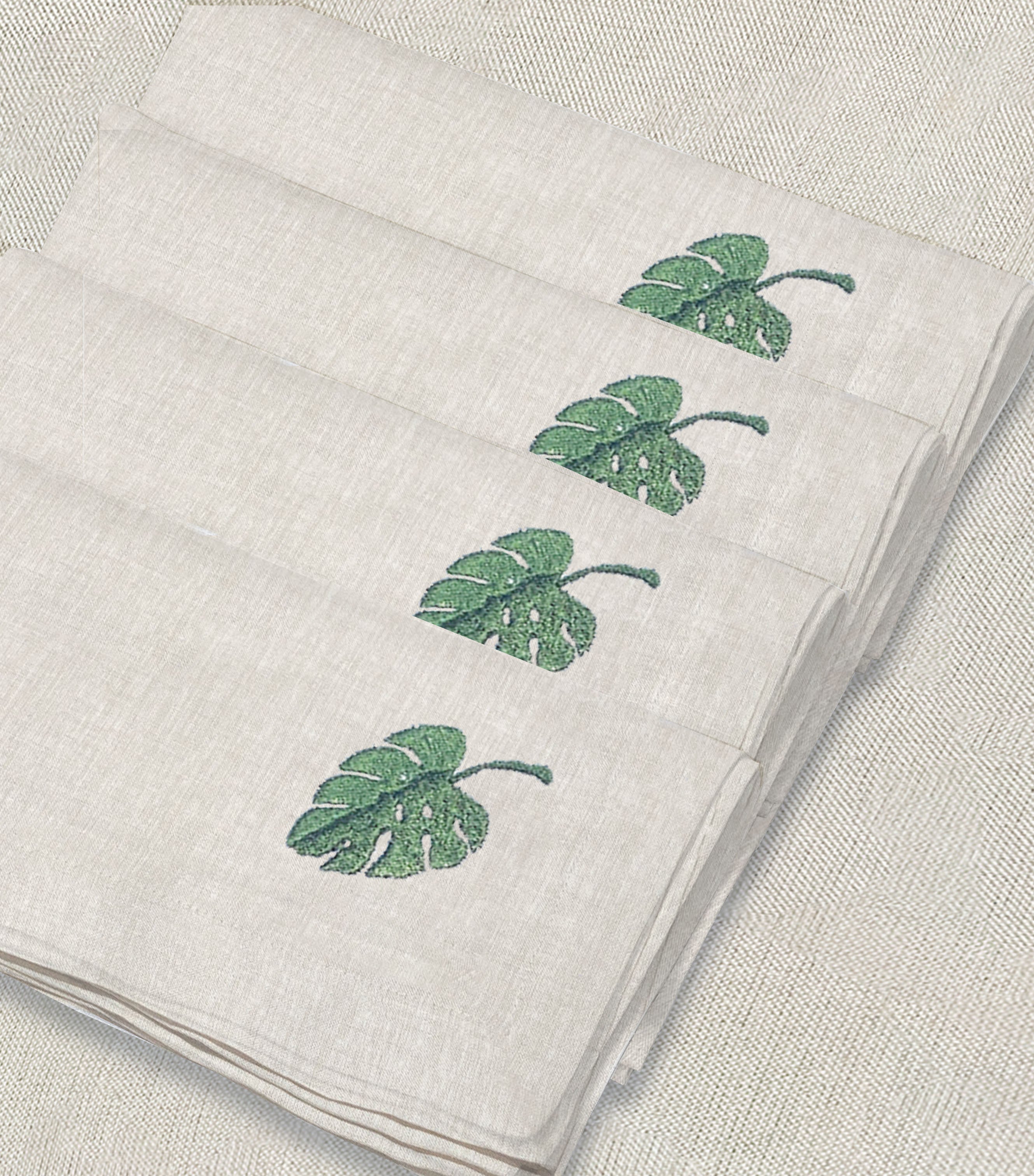 servilleta de lino arena bordado hoja tropical