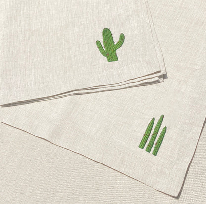 individual y servilleta de lino arena bordado nopales y cactus