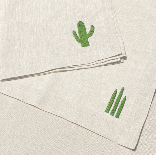 individual y servilleta de lino arena bordado nopales y cactus - Barioles Casa