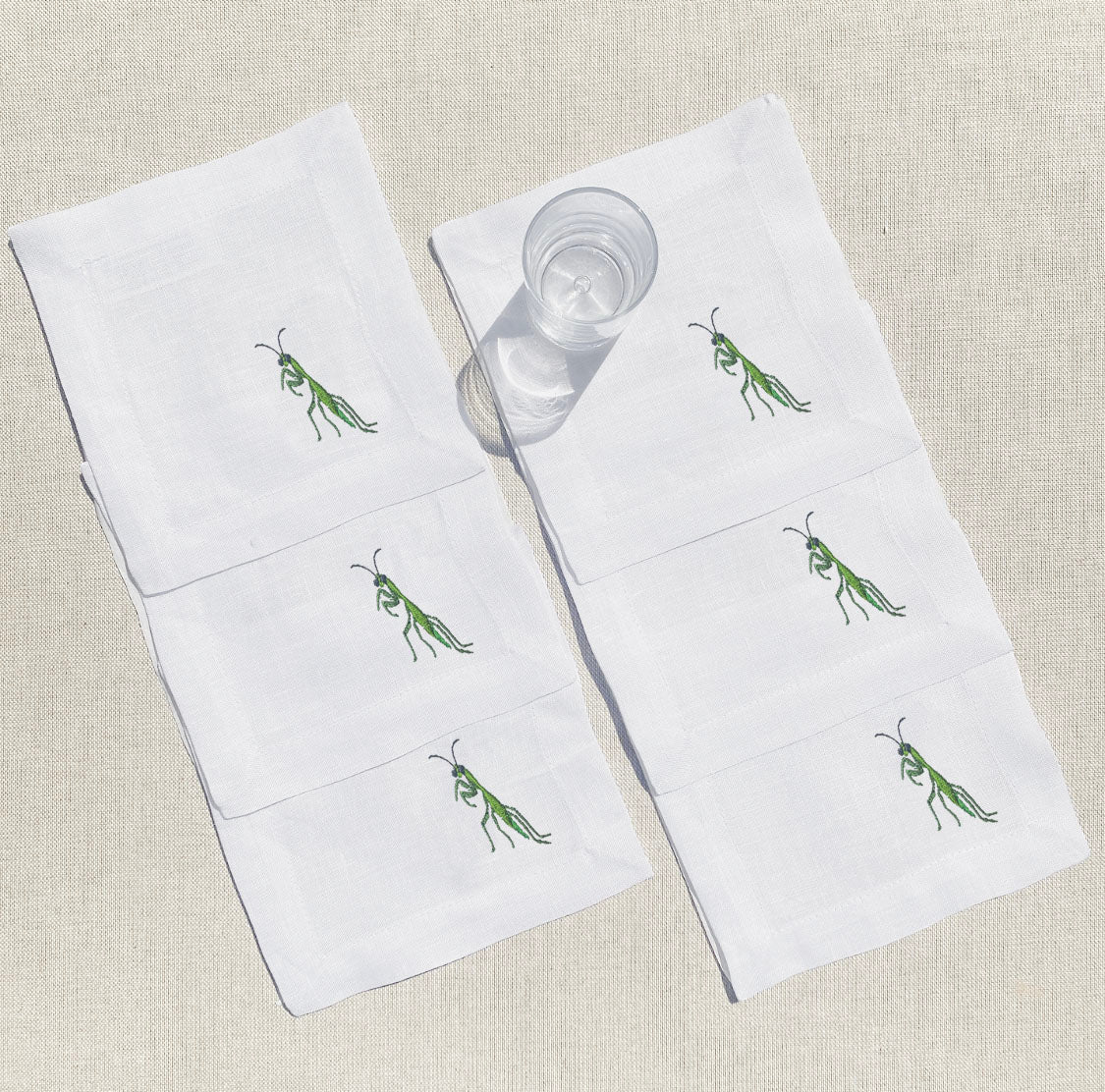 servilleta coctelera de lino bordado mantis · set de 6 – Barioles Casa